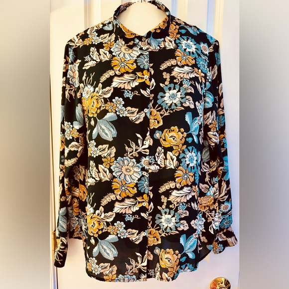 All Conscious Tops - All Conscious blouse women’s sz 14, black blue gold taupe white dark floral EUC